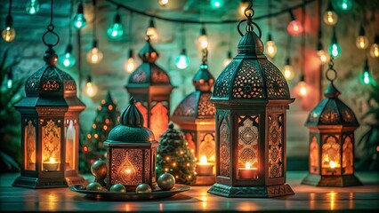 Obraz premium Free New Photo Ramadan and Eid al fitr concept backgrounds dates with traditional lantern Light Lamp and Tasbeeh, Ramadan Kareem Mubarak background