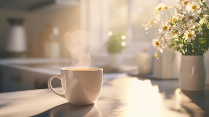 Serene Morning Scene with Coffee Cup and Fresh Flowers in Light