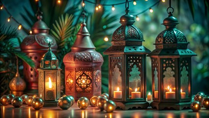 Obraz premium Free New Photo Ramadan and Eid al fitr concept backgrounds dates with traditional lantern Light Lamp and Tasbeeh, Ramadan Kareem Mubarak background