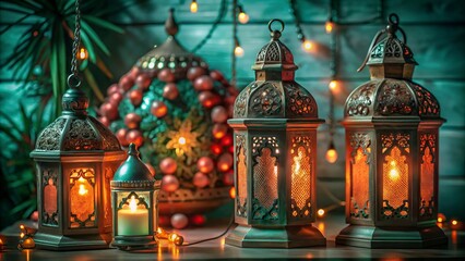 Obraz premium Free New Photo Ramadan and Eid al fitr concept backgrounds dates with traditional lantern Light Lamp and Tasbeeh, Ramadan Kareem Mubarak background