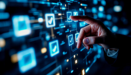 Hand interacting with a glowing digital checklist interface