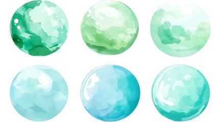 Six watercolor circles in green and blue hues.