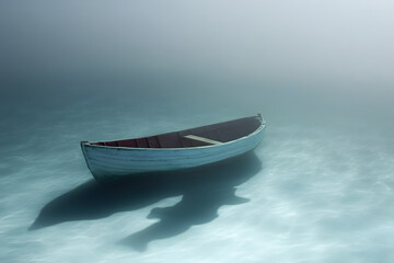 Naklejka premium Lonely wooden boat floating on calm, misty water, symbolizing solitude, peace, serenity, mystery, minimalism, isolation, tranquility, and introspection in a dreamy atmosphere