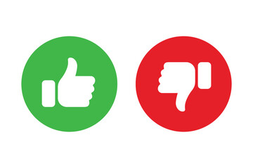 Like and dislike symbols set in green and red circles. Thumbs up and down flat icon set. Rating and feedback Thumbs up and Thumbs down icon set.