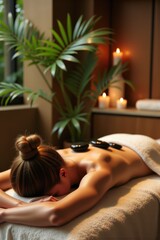 Relaxing spa treatment with a young woman receiving hot stone therapy in a serene setting with candles, lush greenery, and a tranquil atmosphere