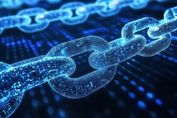Glowing digital chain links on binary code background.