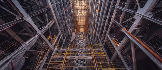 Low angle view of industrial metal structure with scaffolding.
