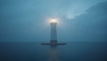 Mysterious lighthouse emits glowing light in foggy waters at twilight
