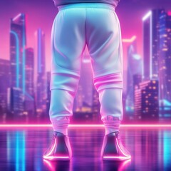 Fototapeta premium Neon Urban Athletic Fashion with Futuristic City Background Showcasing Individual in Stylish Sportswear and Modern Sneakers with Vibrant Lighting Effects
