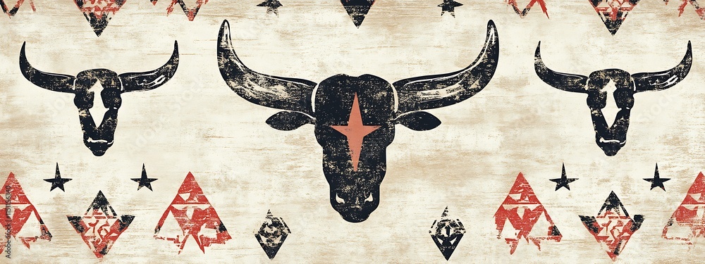 Poster Rustic bull skull pattern on textured background.