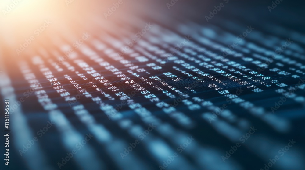 Poster a close-up view of digital code on a screen, illuminated by a warm light, creating a futuristic and 