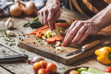Obraz premium Hands carefully chopping a variety of colorful vegetables on a rustic wooden board.
