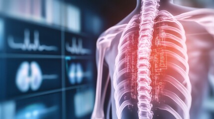 A digital representation of a human torso highlighting the spine, with medical graphics in the background illustrating respiratory functions.