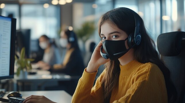 A young woman in a headset works at a computer in a modern office environment.