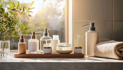 Sunlit Bathroom Vanity: Organic Skincare & Spa Products Display