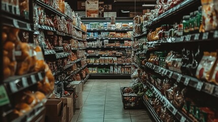 Aisle View of a Supermarket Filled with Colorful Shelves Overflowing with Snacks, Beverages, and Grocery Products for a Bustling Shopping Experience