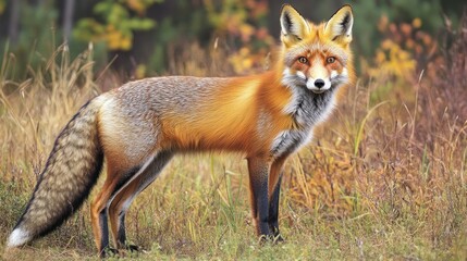 Obraz premium Red fox standing in autumn field.