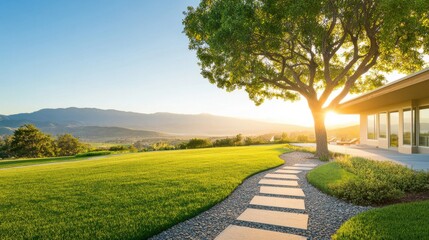 Obraz premium Serene Outdoor Landscape with Sunlight Streaming Through Lush Green Lawn and Majestic Tree near Modern Home in Peaceful Mountain Setting