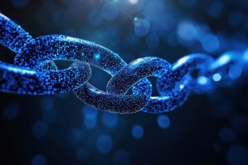 Digital chain link, glowing blue particles.