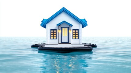 A whimsical house floats on calm water, featuring a blue roof and glowing windows, evoking a serene and dreamlike atmosphere.