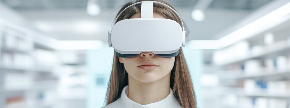 Young woman wearing virtual reality headset in modern interior, exploring digital world, engaging in immersive technology experience at home or office setting.