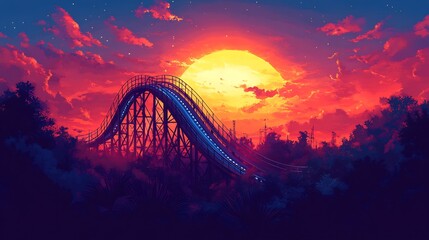 Obraz premium Vibrant vector illustration of a roller coaster in an amusement park suitable for fun and entertainment branding