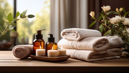 Serene Spa Setting: Amber Bottles, Candles, & Soft Towels