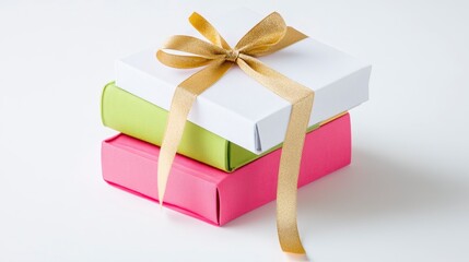 A set of three colorful gift boxes stacked with a gold ribbon, perfect for celebrations and special occasions.