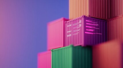 Colorful shipping containers stacked creatively, illuminated with vibrant lights, against a soft gradient background.