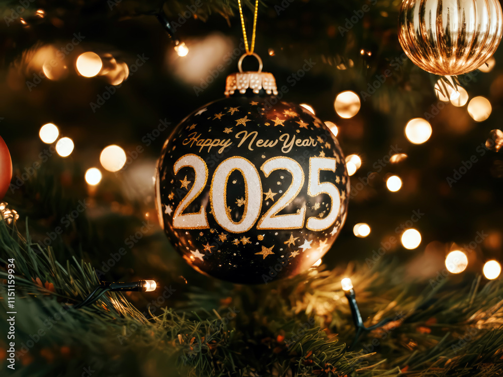 Poster 2025 ornament hanging on christmas tree new years and christmas concept