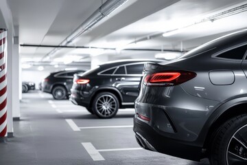 Car parking in an underground garage with cars parked in spaces, a gray, silver, and black color scheme, a parking lot, an underground car park with lighting and white walls.