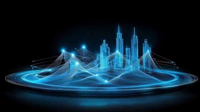 Futuristic Cityscape  Digital Holographic Buildings  Neon Grid  Network Connections