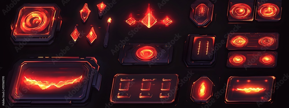 Poster set of game ui futuristic red fire icons.