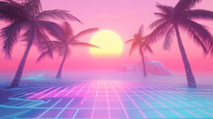 Fototapeta premium Retro 1980s Sci-Fi Background with palm trees and sunset