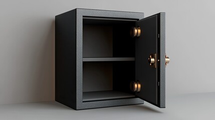 An open safe in three dimensions. --
