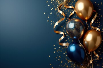 Elegant gold and blue balloons with ribbons and glitter on a dark blue background, featuring blank space for text, perfect for luxury celebrations and festive designs.