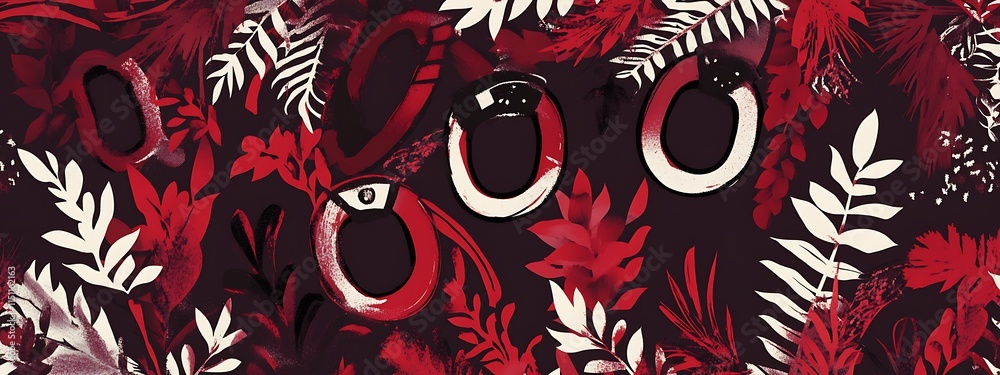 Poster red and white floral pattern with eye-like circles.