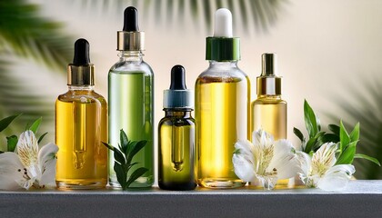 Botanical Serums: Assorted Glass Bottles with Droppers and White Flowers.