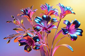 A bright, detailed and multicolored 3D hyper realistic metallic flower bouquet, with flowers that have bloomed to perfection.