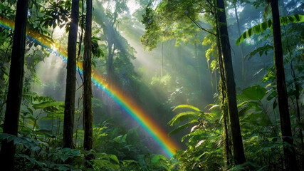 a breathtaking view of a vibrant rainbow arcing across a lush rainforest