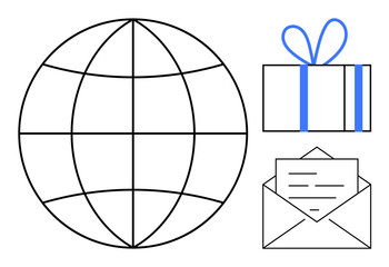 Earth globe adjacent to wrapped gift box and envelope with letter. Ideal for themes of global communication, international gifting, mail services, correspondence, world relationships, celebration
