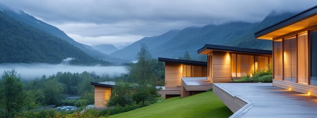 Fototapeta premium Serene Modern Cabins Overlooking Misty Valley Landscape at Dusk with Soft Warm Lights Illuminating the Natural Beauty of the Surrounding Mountains