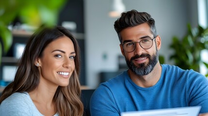 Couple Engaged in Constructive Discussion with Bank Manager Reviewing Contract Details in a Positive Professional Office Environment