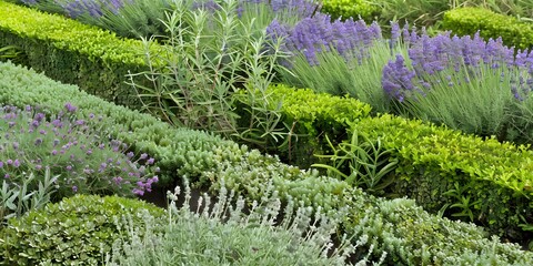 A beautifully arranged herb garden with neat rows of lavender, rosemary, and sage under clear skies.