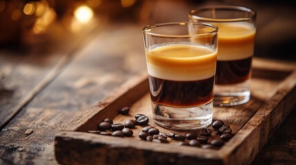 Two layered coffee drinks on a wooden tray with coffee beans.