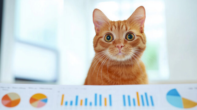 Ginger Cat CEO: A curious ginger cat sits attentively atop financial charts, exuding an air of business acumen and feline charm.  The image is perfect for illustrating articles on business, pets. - Powered by Adobe