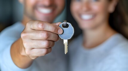 Close up Shot of Real Estate Agent Handing Over House Keys to Smiling Couple Symbolizing a Successful Property Purchase Transaction and Joyful Transition to New Homeownership