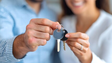 Fototapeta premium Real estate agent handing over house keys to an excited and smiling couple