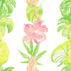 Tropical flowers wax crayons seamless pattern on white insulated background. Textural and botanical repeating pattern. Design for textiles, wrapping paper and wallpaper.