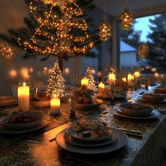 Festive Christmas Table Setting  Dinner  Candles  Food  Lights